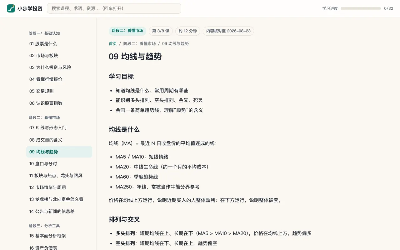 课程页：学习目标、正文要点与实操任务